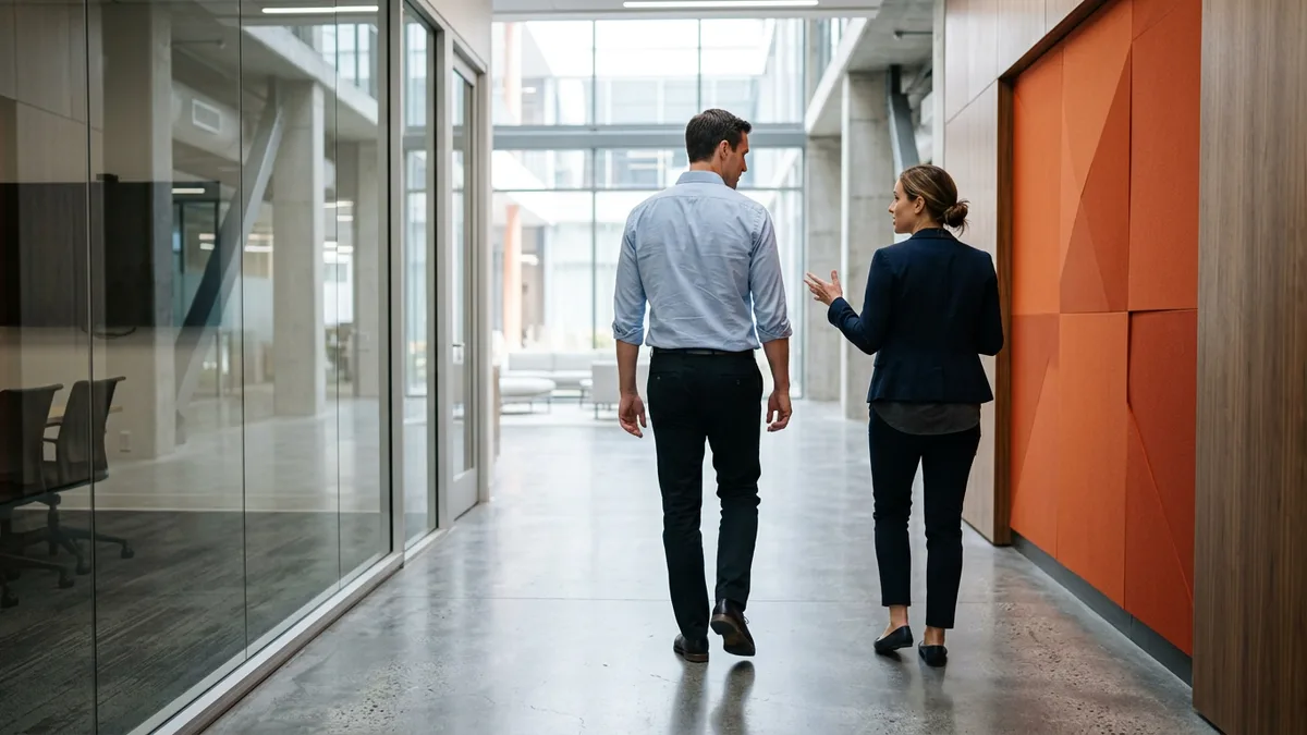 Contract engineer placed through IT staff augmentation walking and talking with a client team member in a modern office corridor