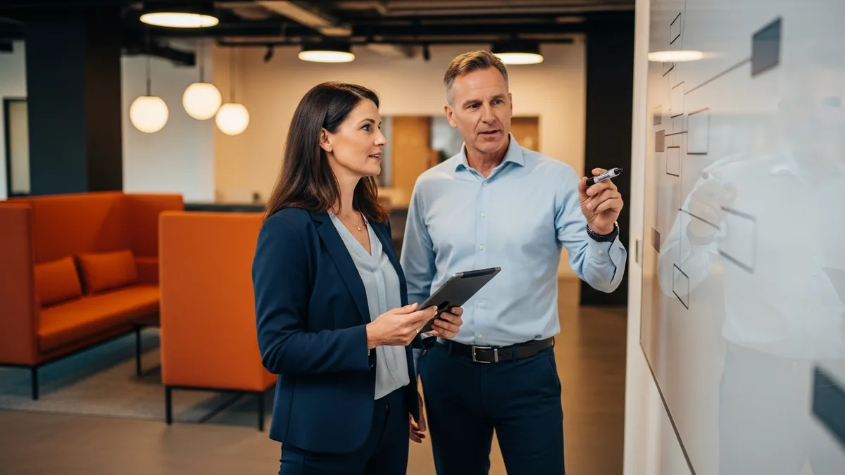 Hiring manager and finance leader planning a 2026 IT staff augmentation budget at a whiteboard