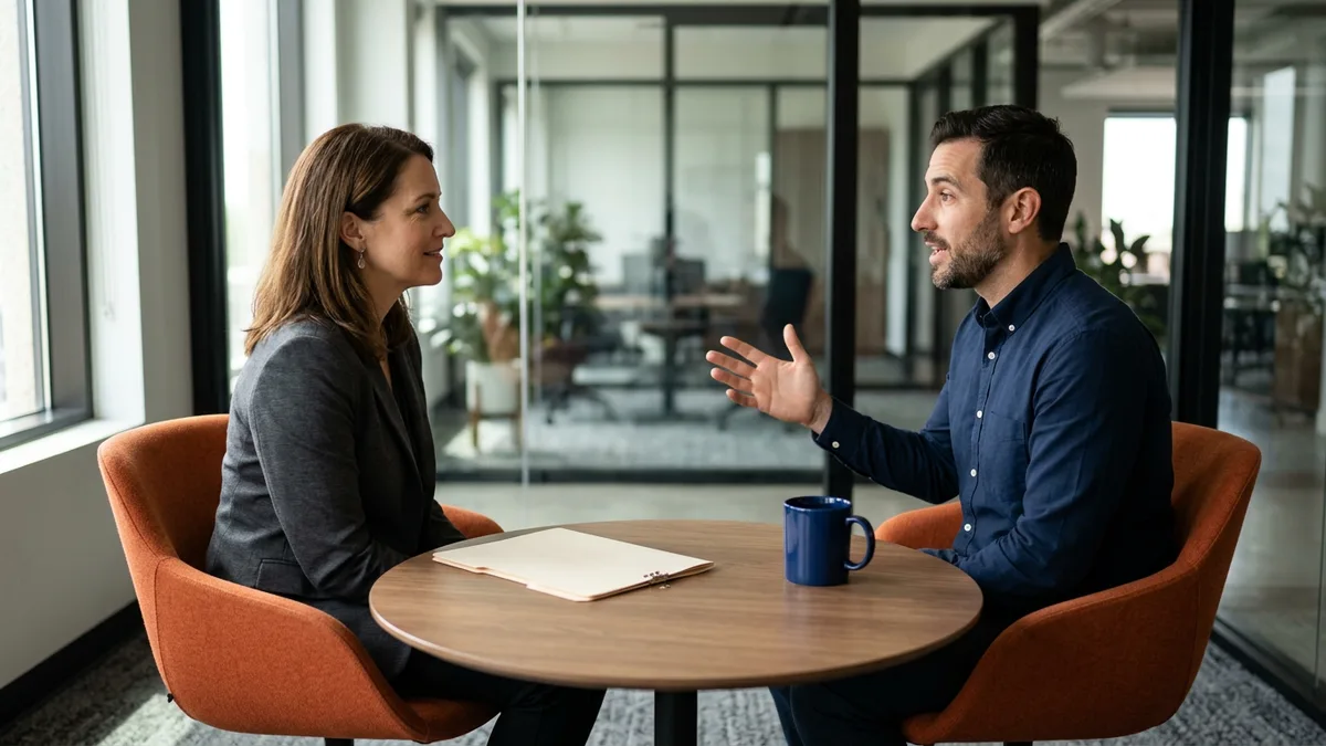Hiring manager and IT staffing recruiter seated across a table discussing the scope and bill rate of a staff augmentation role