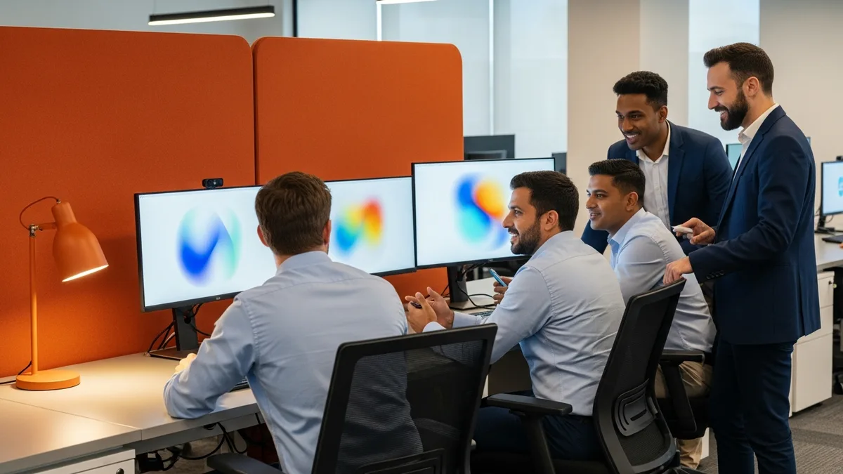 Contract software engineers working onsite alongside a client engineering team in an open-plan office