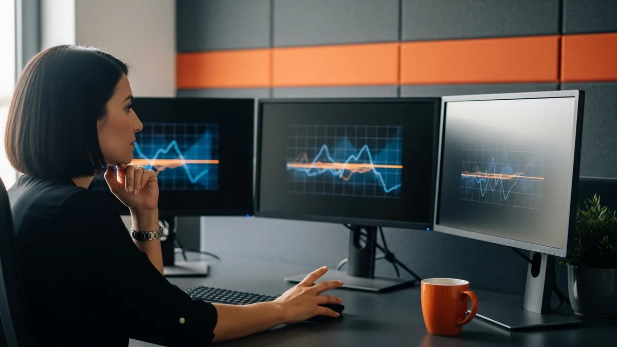Workforce data analyst reviewing IT staffing employment trend charts across three monitors