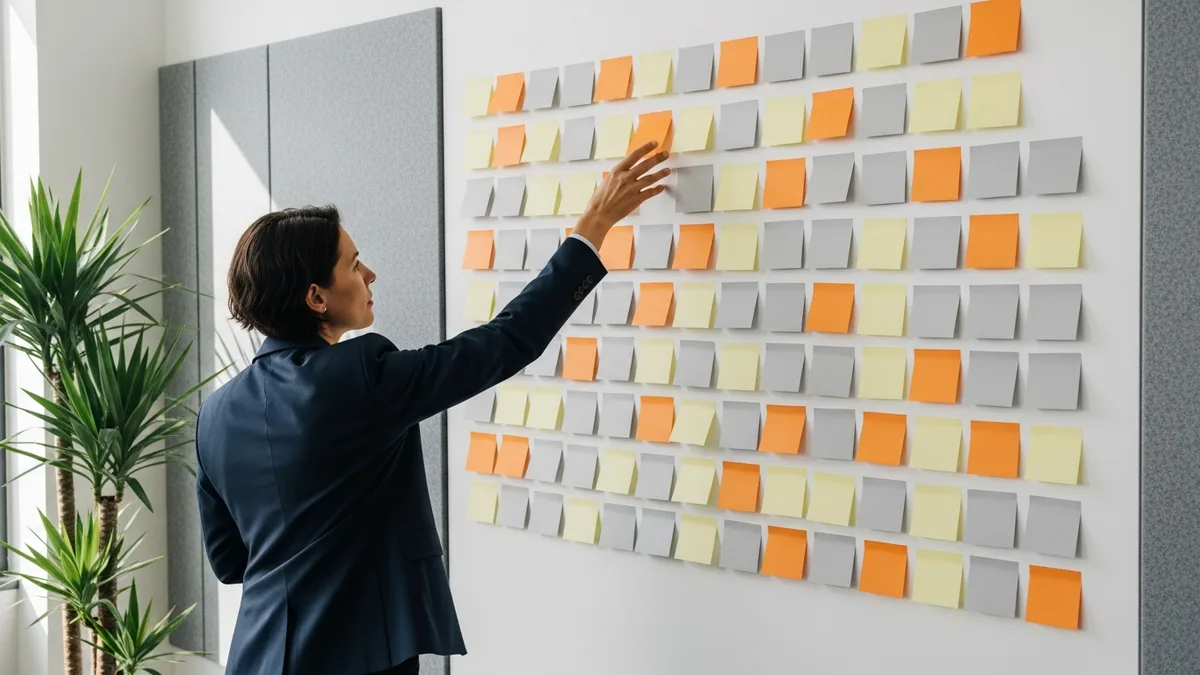 Manager reviewing a centralized leave calendar wall for workforce planning visibility