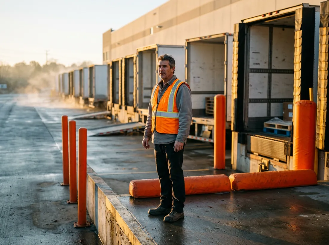 Distribution center operations manager in a high-visibility vest standing on a loading dock at sunrise with trailers backed into dock doors