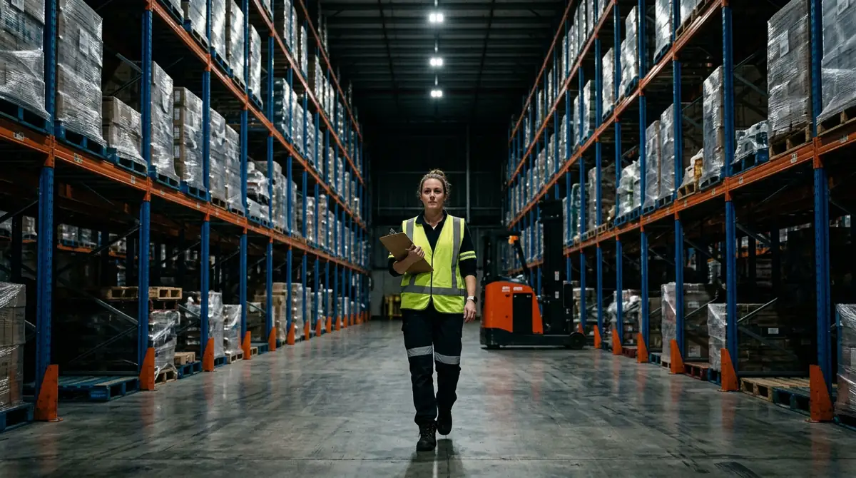 Warehouse operations supervisor walking a pallet racking aisle on night shift under high-bay LED lighting