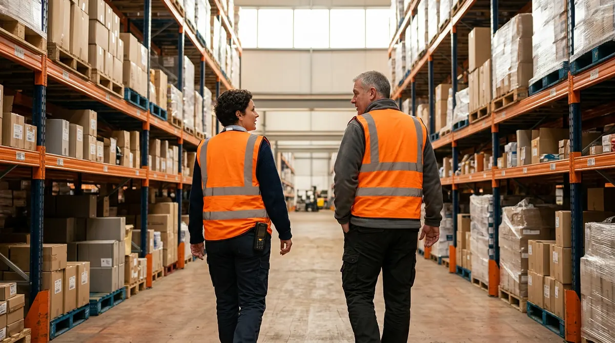 KORE1 recruiter and a warehouse operations leader walking a racking aisle together in high-visibility vests