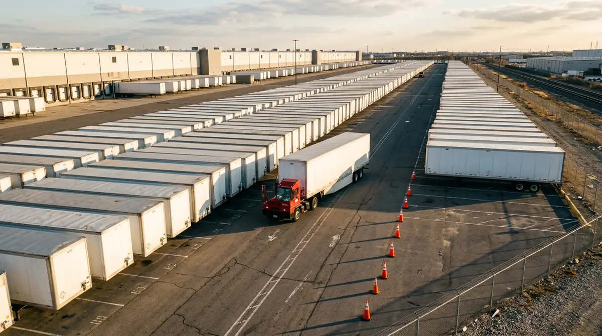 Yard jockey repositioning a semi trailer between rows of parked trailers outside a distribution center in late afternoon light