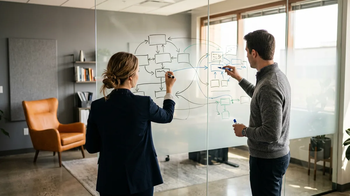 Two colleagues mapping managed services contract terms and benchmark review clauses on a glass whiteboard