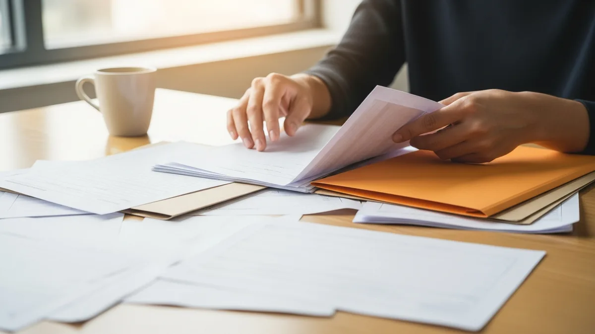 HR professional sorting paper leave request forms during manual leave tracking