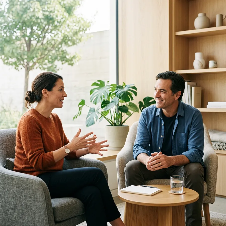 A fractional CIO and a mid-market operations director in conversation in a bright office lounge about ERP selection scope