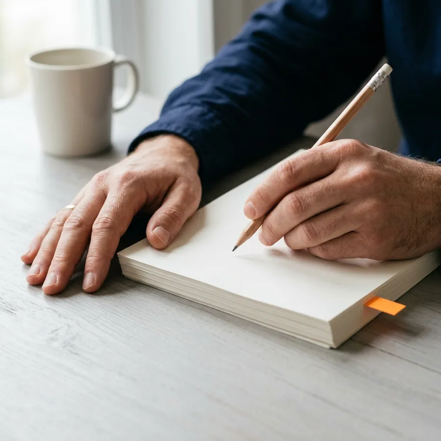 Hands with a wooden pencil poised over a stack of printed pages while counting transaction volumes for an ERP selection
