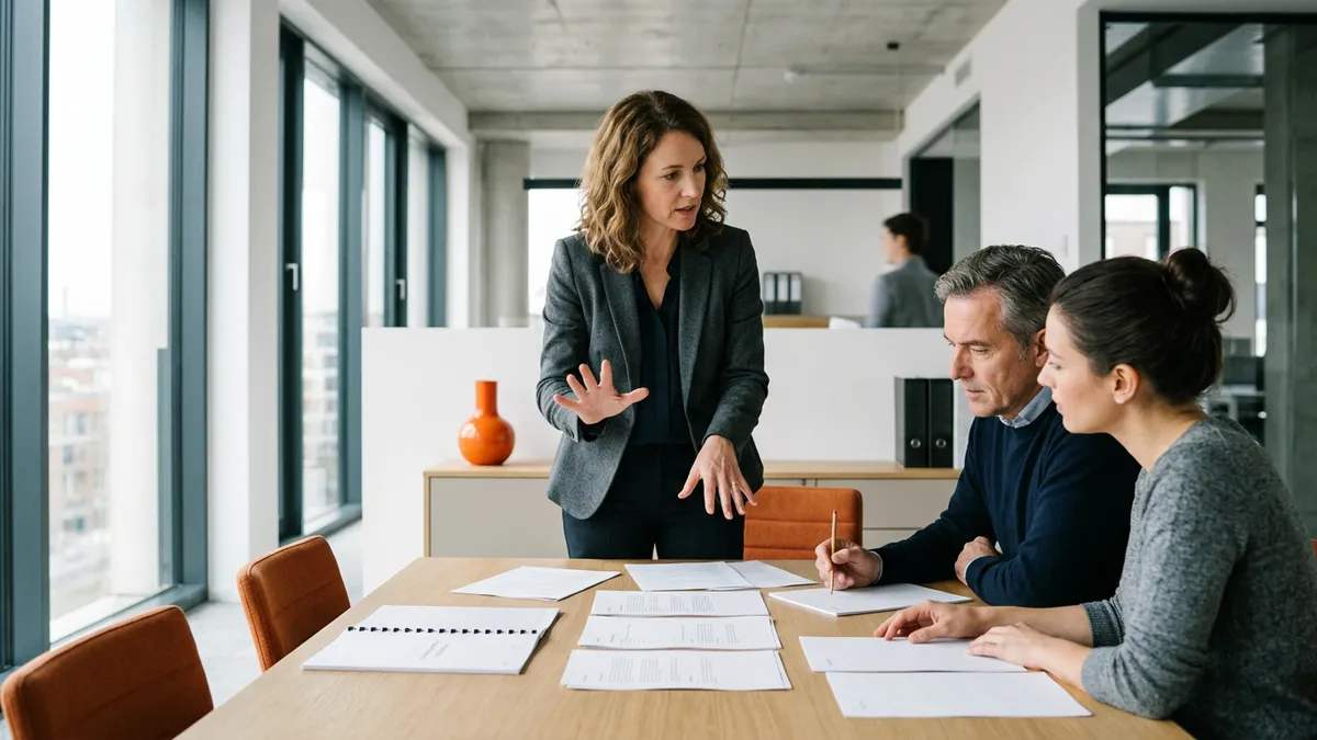 A fractional CIO standing at a conference table talking two mid-market finance leaders through printed volume reports before an ERP selection