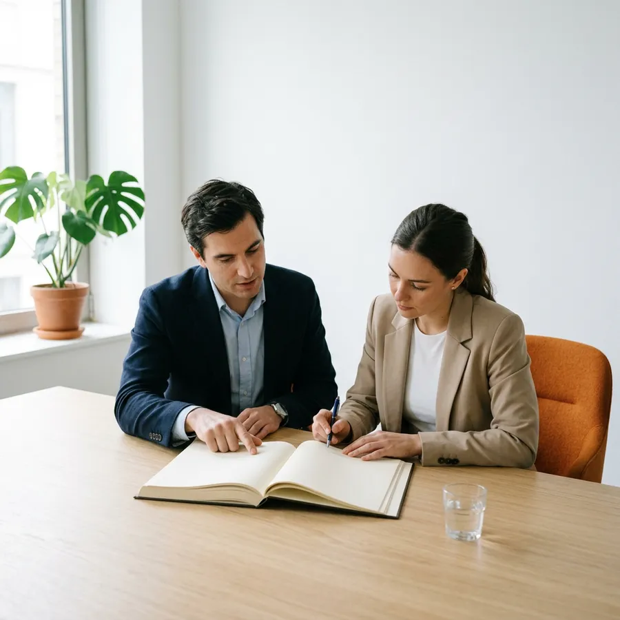 Two executives seated side by side reading through a bound ERP proposal document at a conference table