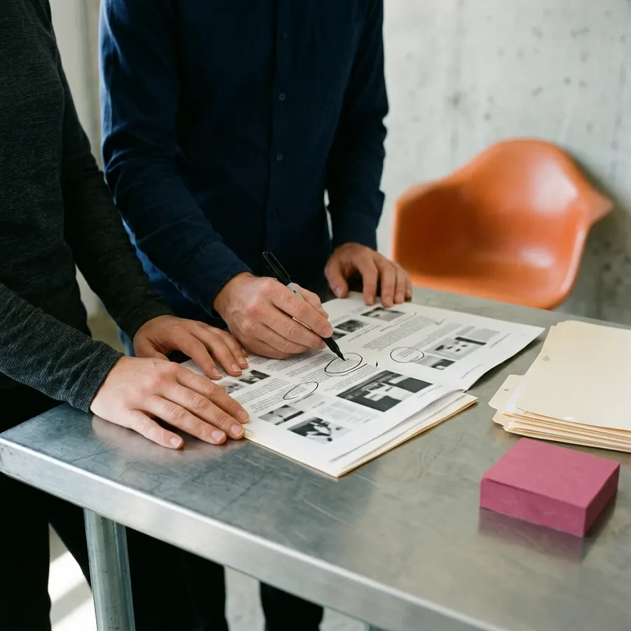 A hiring manager and a KORE1 recruiter marking up a printed job description with a pen on a workbench