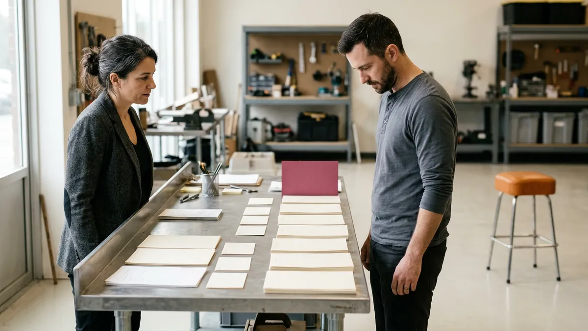 A KORE1 recruiter and an engineering manager scoping a mobile developer search across a workbench of printed notes arranged in two columns