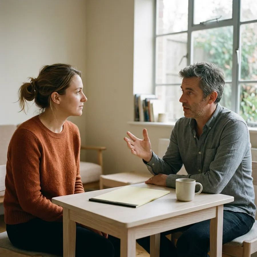 A KORE1 technical recruiter interviewing a mobile developer candidate across a small table with a blank legal pad