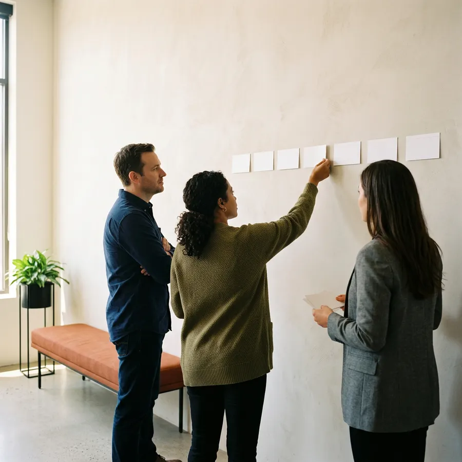 A KORE1 recruiter, an engineering manager and a product lead scoping a mortgage tech engineering role using blank cards on a wall