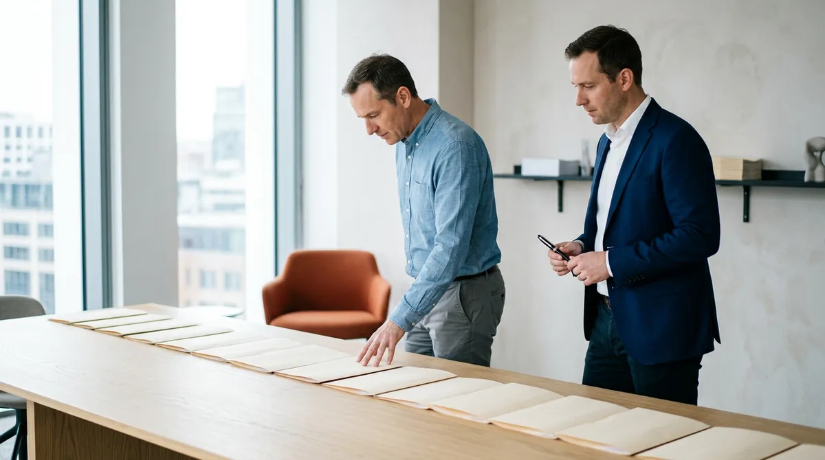 A KORE1 recruiter and a mortgage tech engineering director reviewing a row of loan files laid across a table during an engineering search