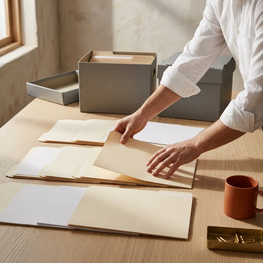 Hands sorting blank manila loan files into rows beside open archive boxes, illustrating the loan file as a permanent legal record