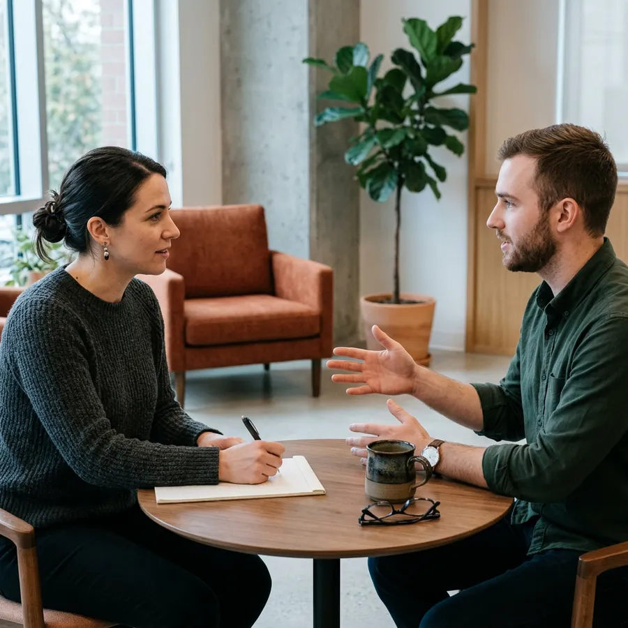 A KORE1 recruiter taking notes while a mortgage tech software engineer explains a past project during a technical screen