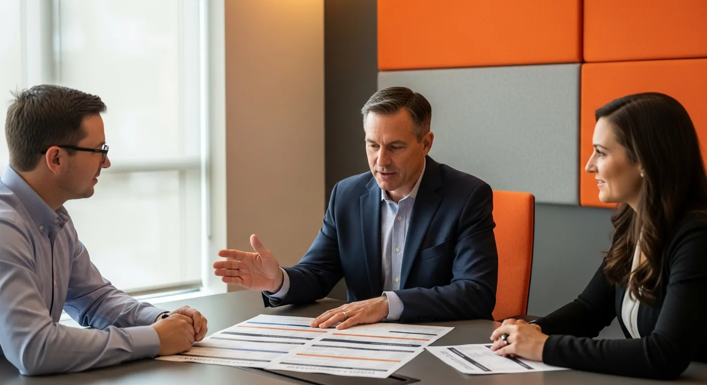 Mortgage tech operations team reviewing loan exception routing data on a conference table