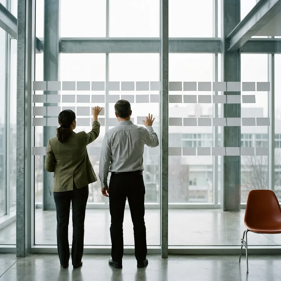A KORE1 recruiter and a hiring manager arranging blank cards in rows on a glass wall while scoping a MuleSoft role