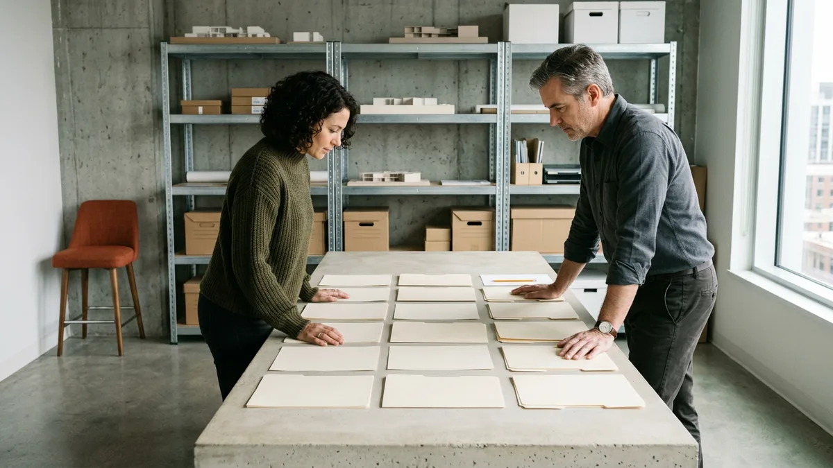 A KORE1 recruiter and an integration lead laying out documents in three rows while scoping a MuleSoft developer search
