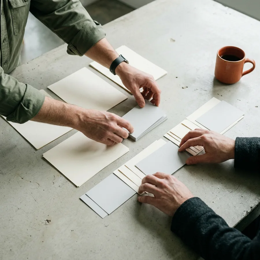Hands sorting paper sheets and index cards into three stacked rows on a large concrete work table