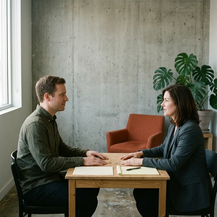 A KORE1 technical recruiter interviewing a MuleSoft developer candidate across a table with a blank legal pad