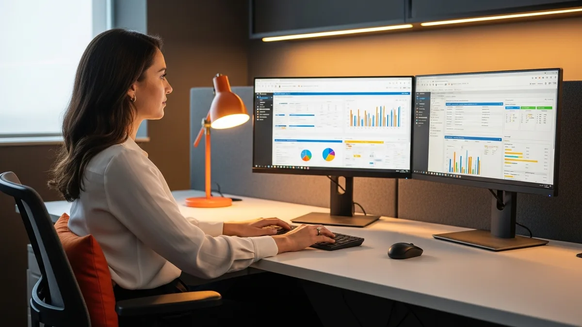 NetSuite administrator configuring workflows and dashboards at a workstation