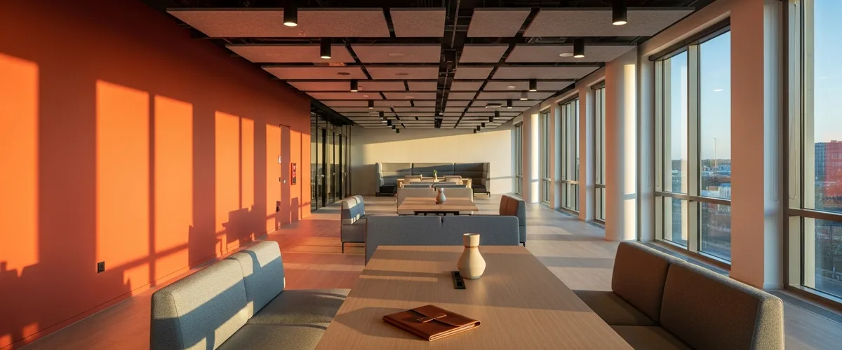 Modern corporate collaboration space with an orange accent wall, used as the featured image for the NetSuite automation guide