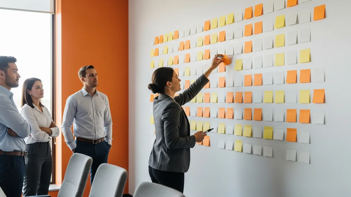 Four colleagues mapping a business process on a wall of blank sticky notes before building NetSuite automation