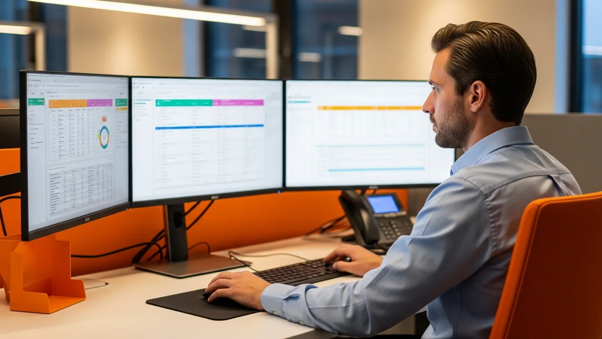 NetSuite consultant working at a multi-monitor ERP workstation in a tech office