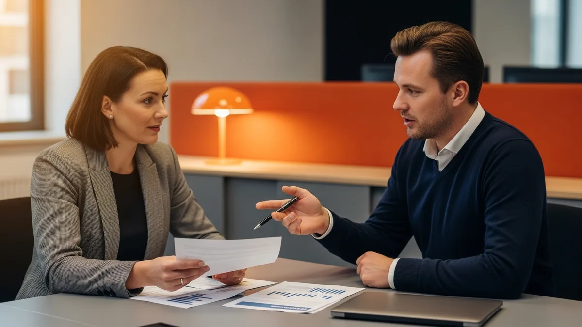 Hiring manager and NetSuite consultant reviewing hourly rate documents at a desk in a modern office