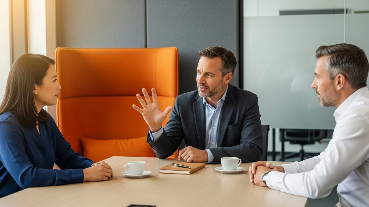 External NetSuite consultant explaining scope to two internal finance colleagues across a conference table