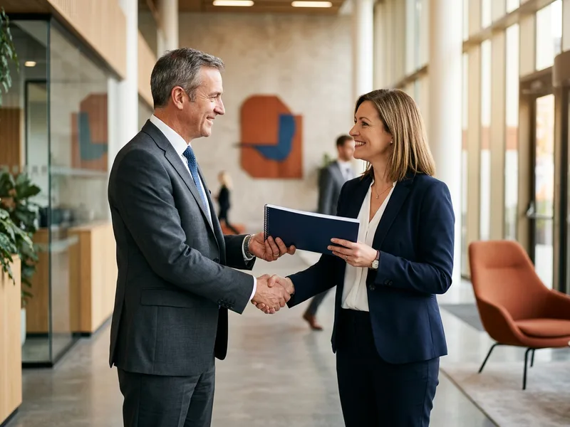 NetSuite license review consultant handing a completed findings report to a company finance leader