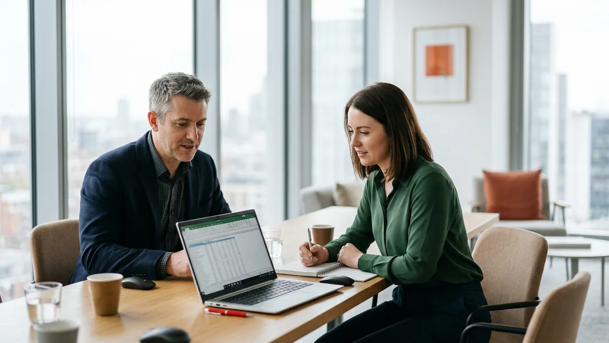 An independent NetSuite consultant and a company finance director reviewing a license and billing statement together at a desk
