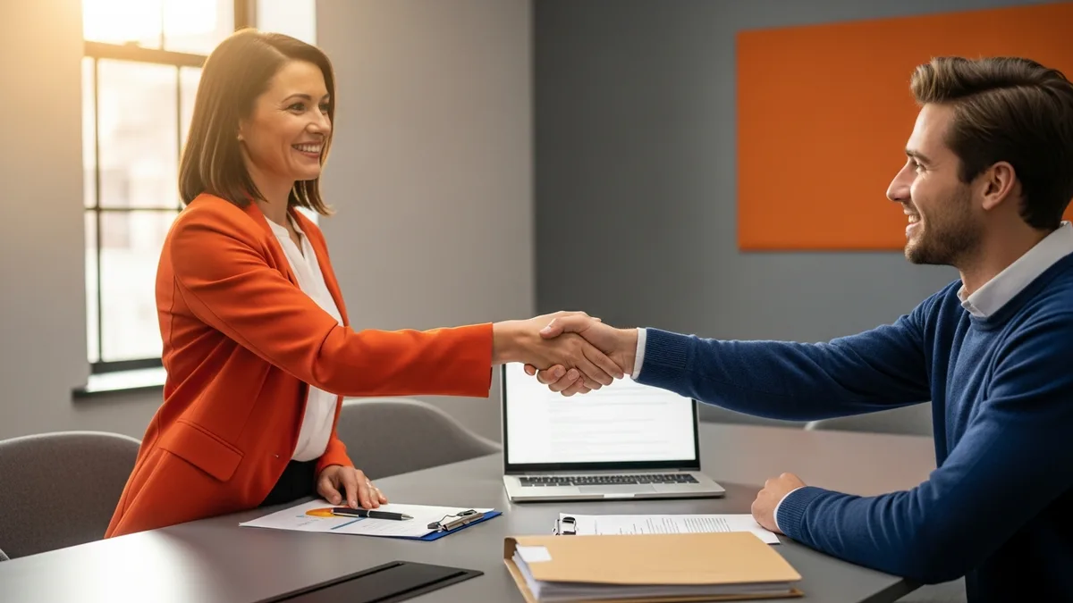 Hiring manager and new NetSuite developer hire shaking hands after finalizing a job offer