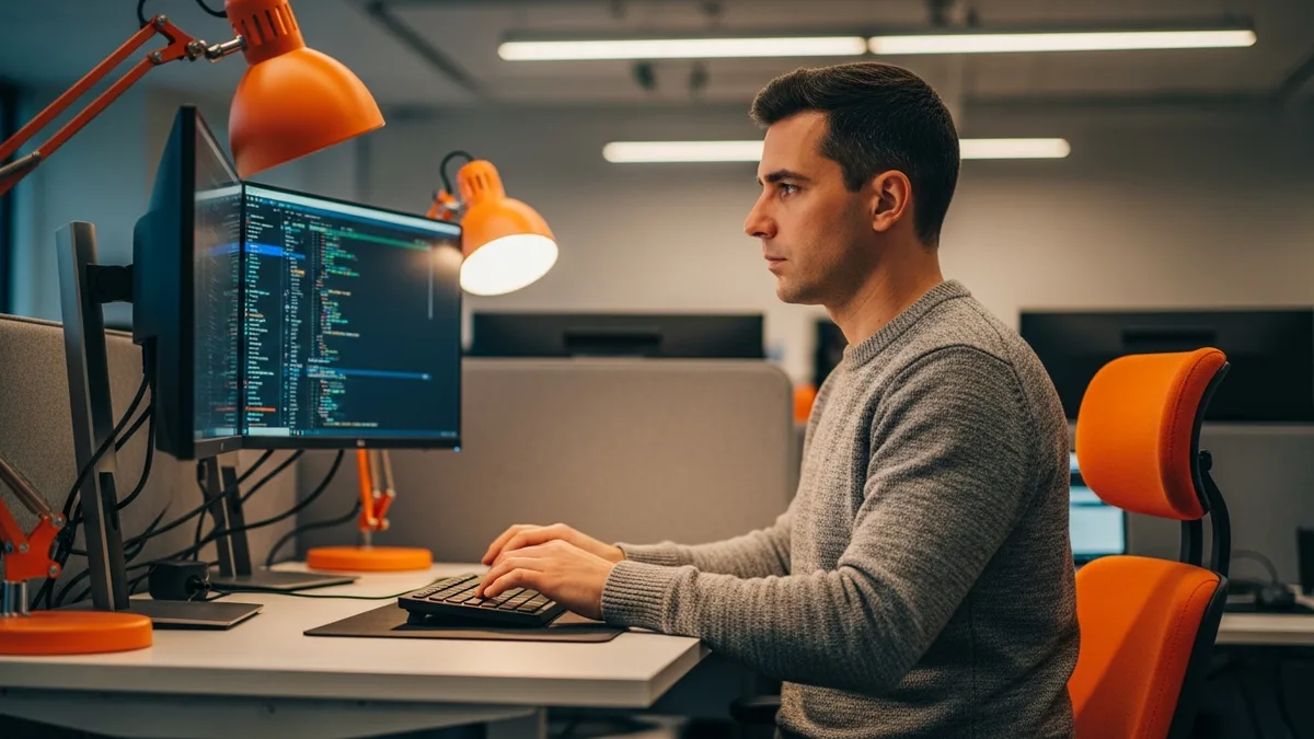 NetSuite developer writing SuiteScript code at a dual-monitor workstation