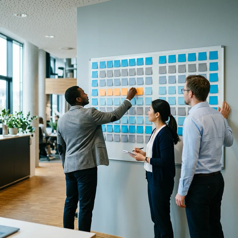Three accounting team members moving sticky notes on a month-end close checklist board in a finance office