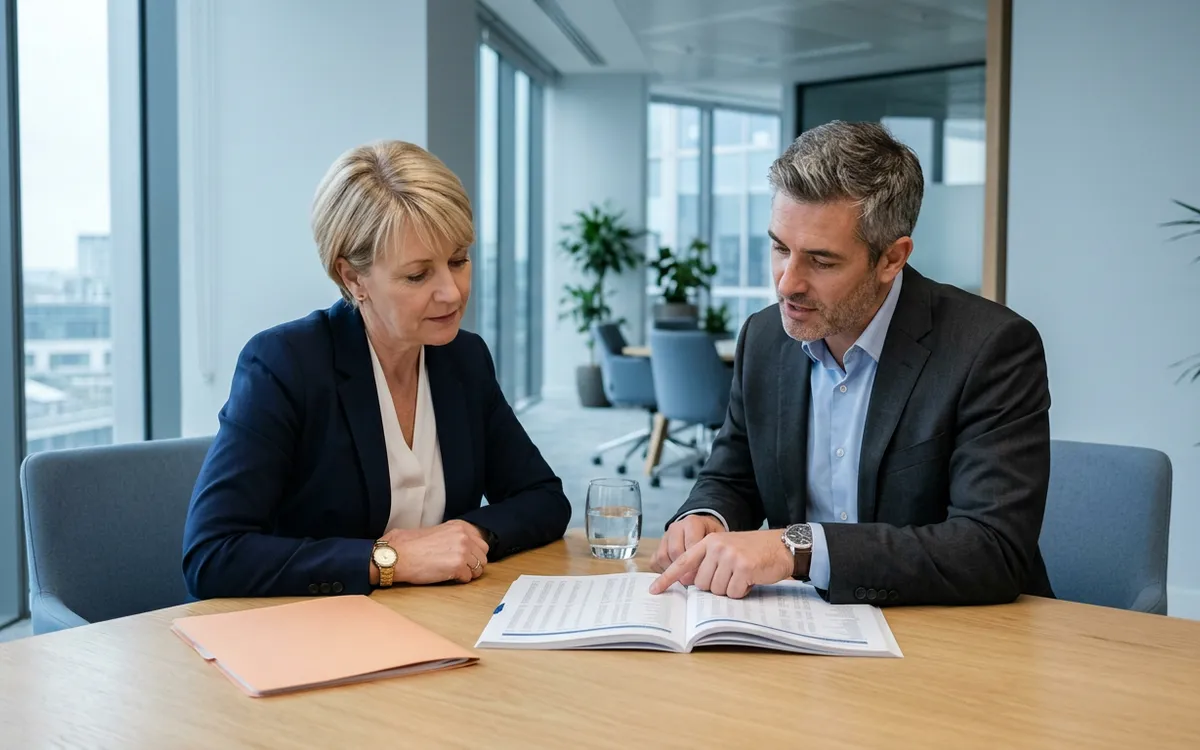 NetSuite financial reporting consultant and a finance director reviewing a printed multi-column financial statement at a conference table
