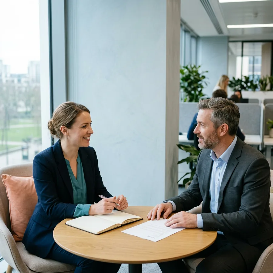 KORE1 technical recruiter interviewing a NetSuite financial reporting consultant candidate at a small round table