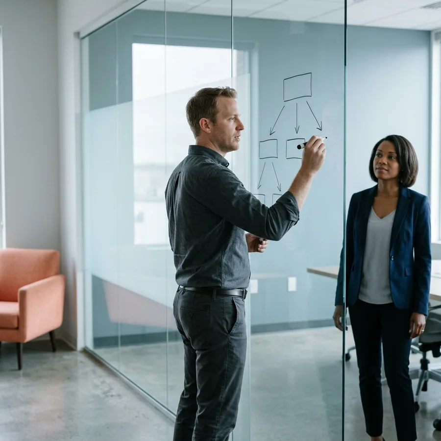 NetSuite consultant drawing a segment and dimension hierarchy of connected boxes on a glass whiteboard while a colleague watches