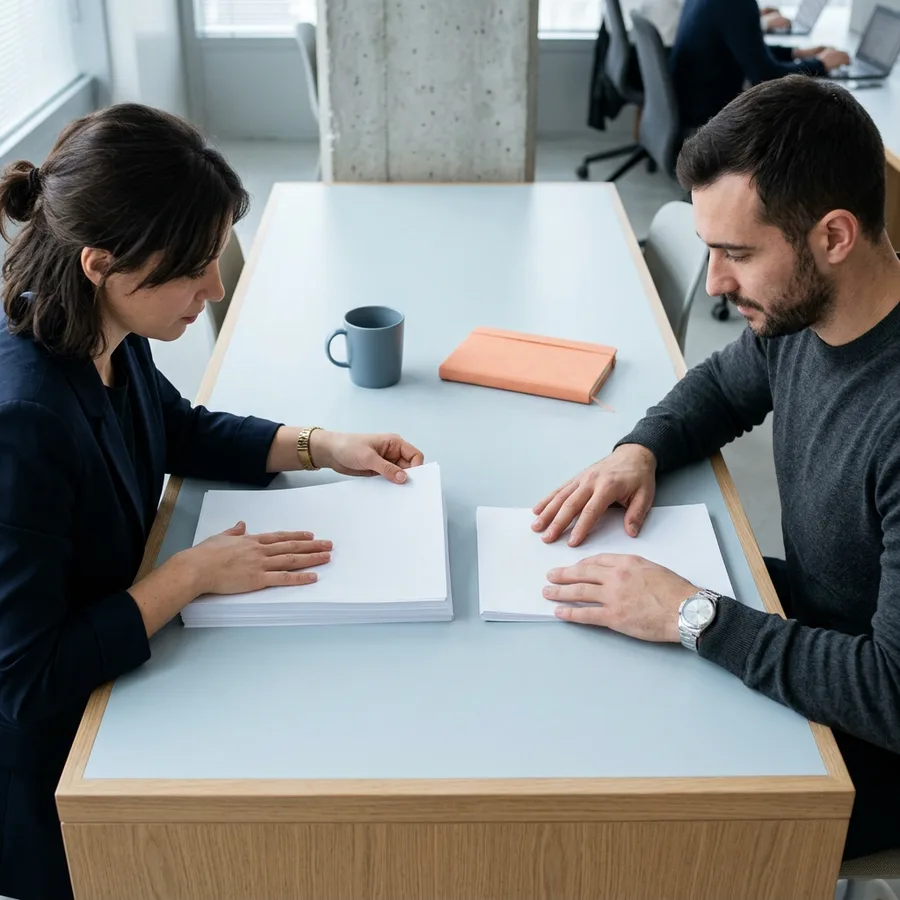 Two colleagues comparing a thick document stack against a thin one across a desk while evaluating NetSuite reporting tiers