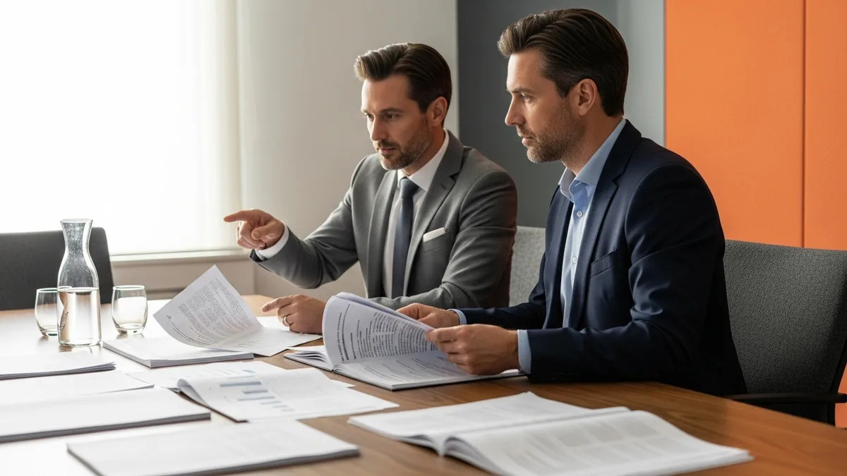 Finance director and consultant reviewing printed NetSuite financial reports at a conference table