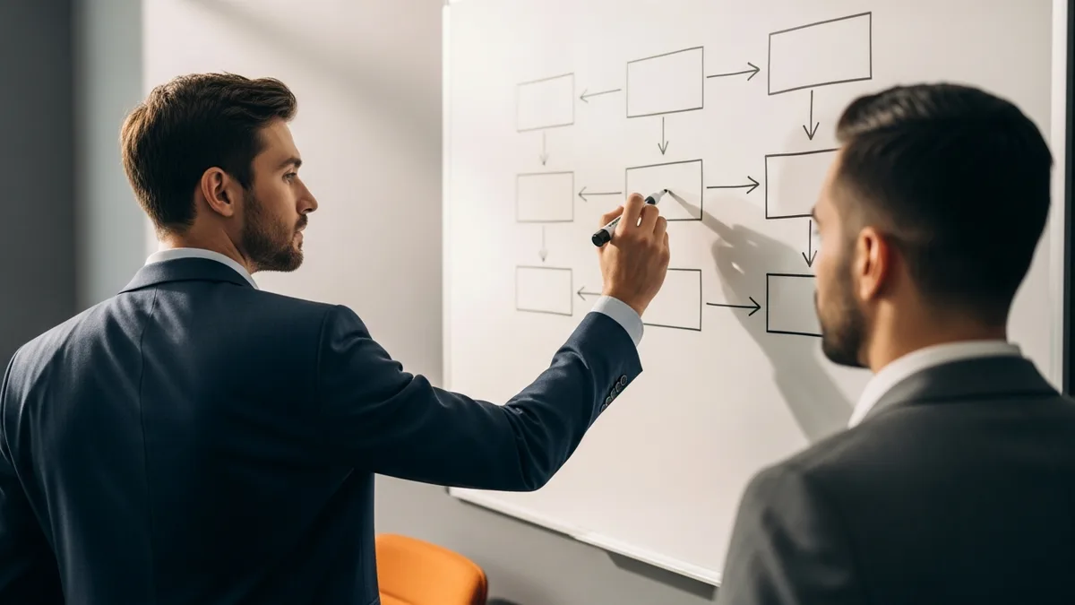 Consultant mapping NetSuite segment structure as a whiteboard flow of boxes and arrows for financial reporting
