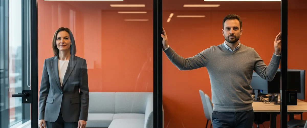 NetSuite functional consultant and technical consultant standing on opposite sides of a glass office partition