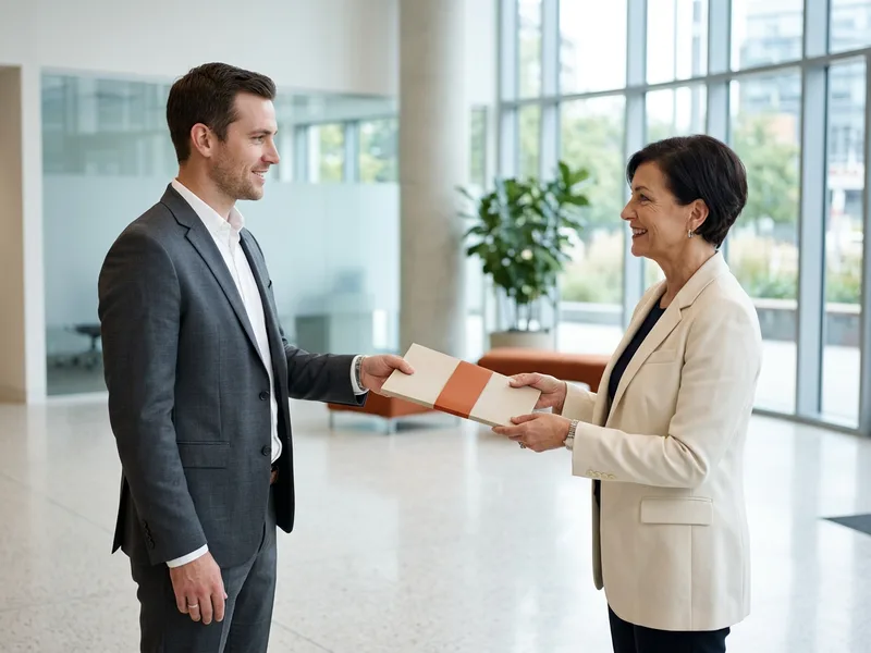 KORE1 consultant handing a completed NetSuite system audit findings report to a finance leader in an office lobby