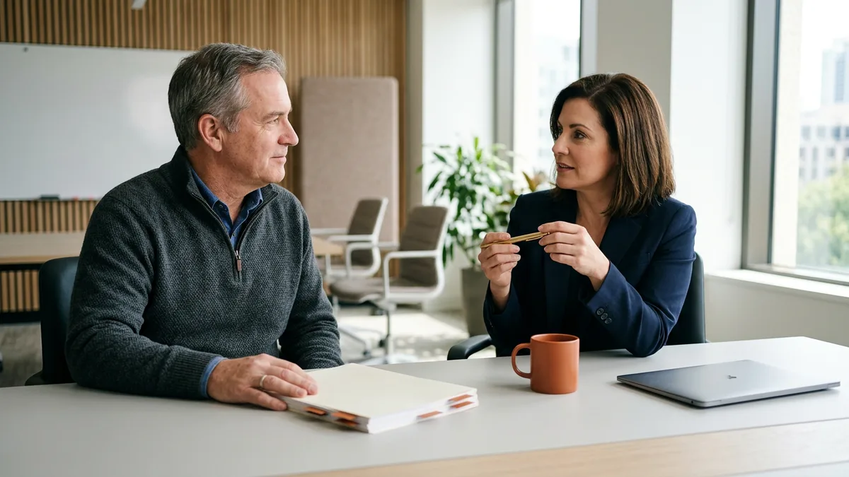 NetSuite health check consultant and a company controller reviewing a tabbed findings report at a conference table, KORE1 NetSuite system audit staffing