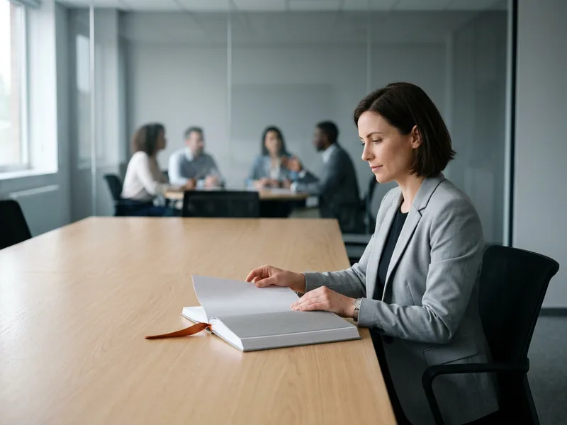 Independent NetSuite audit consultant reviewing a bound findings report alone while a partner delivery team meets behind a glass wall