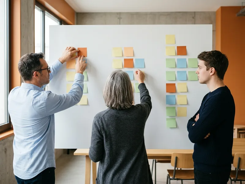 Finance and IT team sorting NetSuite audit findings into severity columns on a whiteboard during a triage workshop